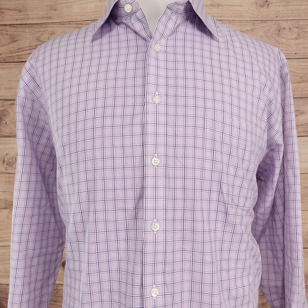 Stafford Dress Shirt Mens 18 34/35 Regular Fit Purple Check Easy Care Broadcloth